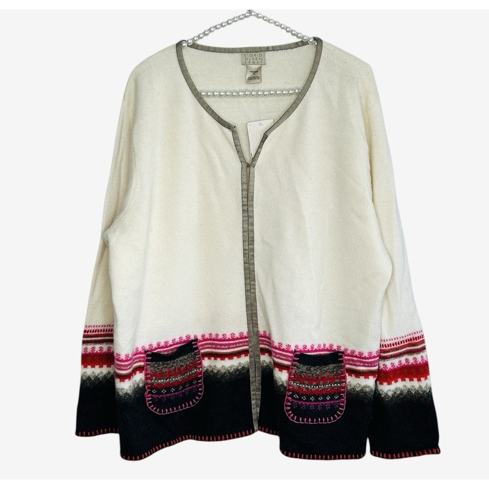 Sigrid Olsen Sport Wool Fair Isle Cardigan Sweater 1X Nordic Holiday Western NWT
